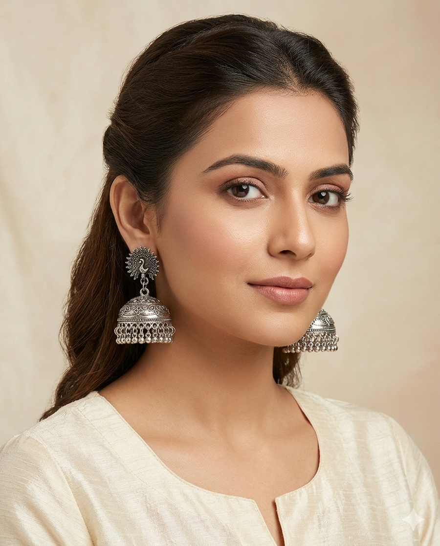 Oxidised Peacock Bell Earrings